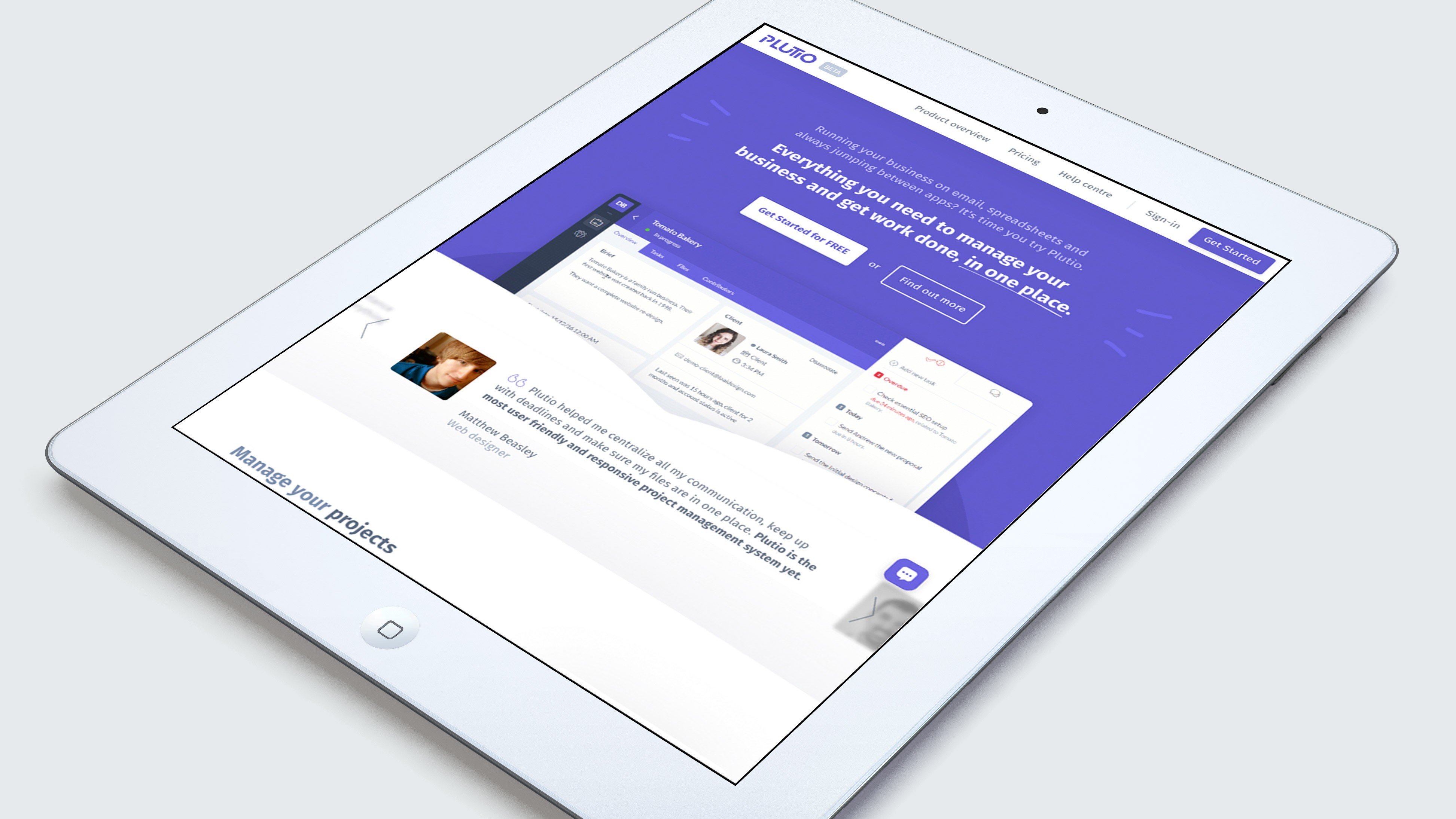 Screenshot of the Plutio homepage on a tablet