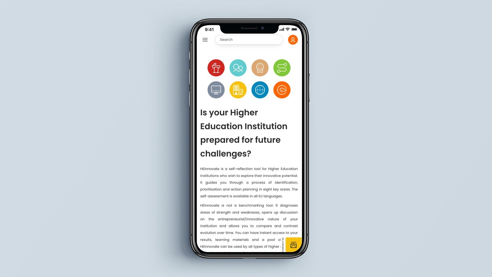 Screenshot of the HEInnovate homepage on a mobile phone