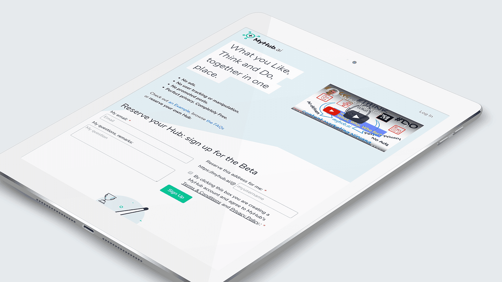 Screenshot of the MyHub.AI homepage on a tablet