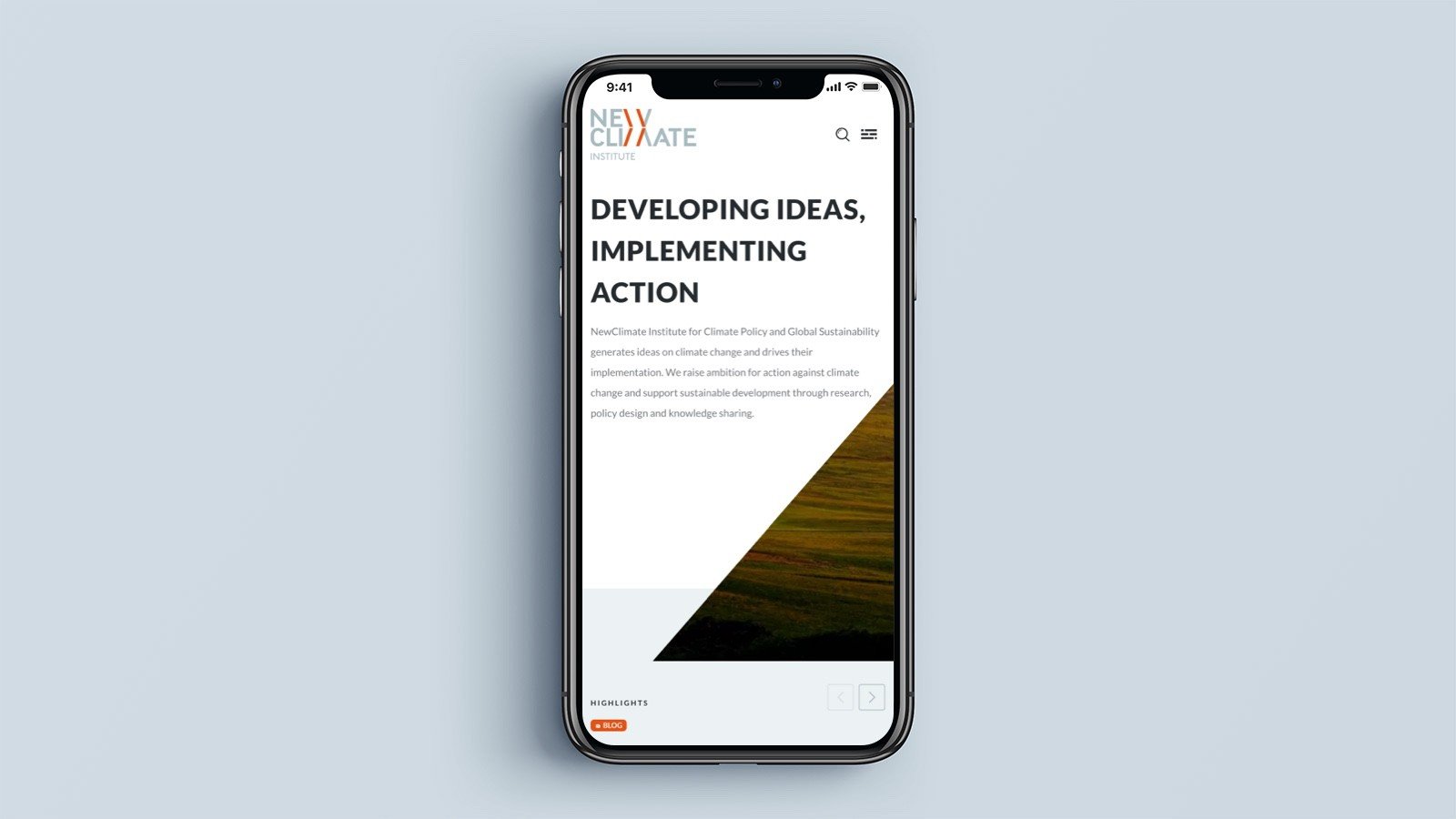 Screenshot of the NewClimate Institute homepage on a mobile phone