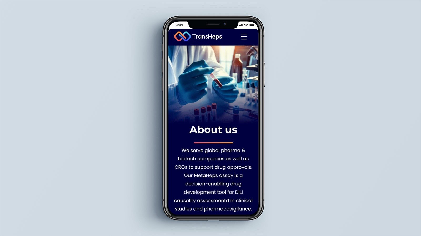 Screenshot of the TransHeps homepage on a mobile phone