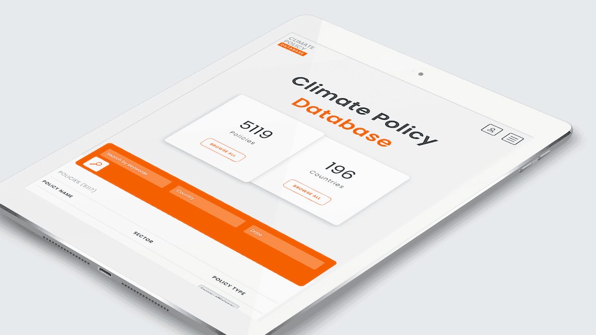 Screenshot of the Climate Policy Database homepage on a tablet