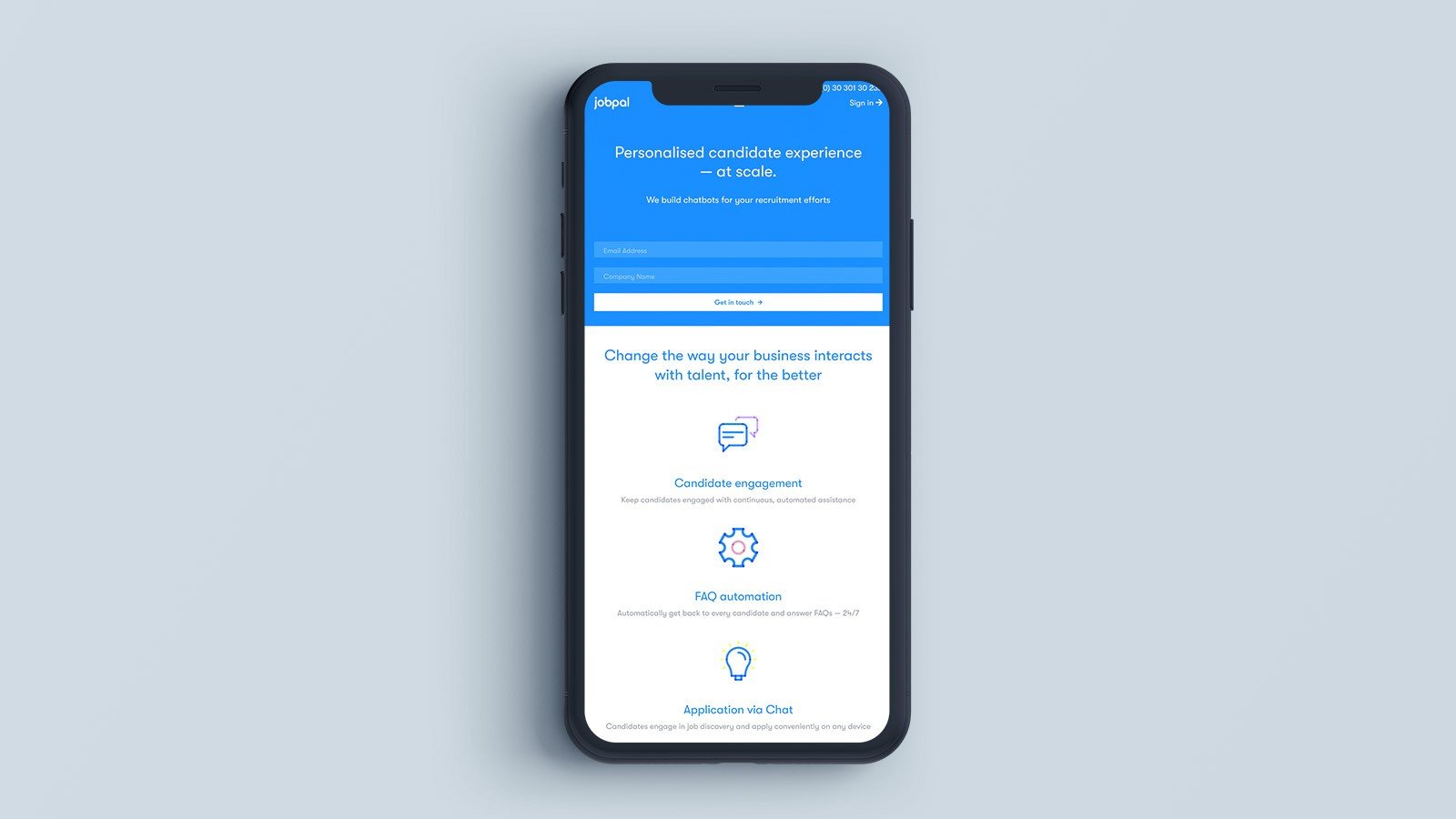 Screenshot of the Jobpal homepage on a mobile phone