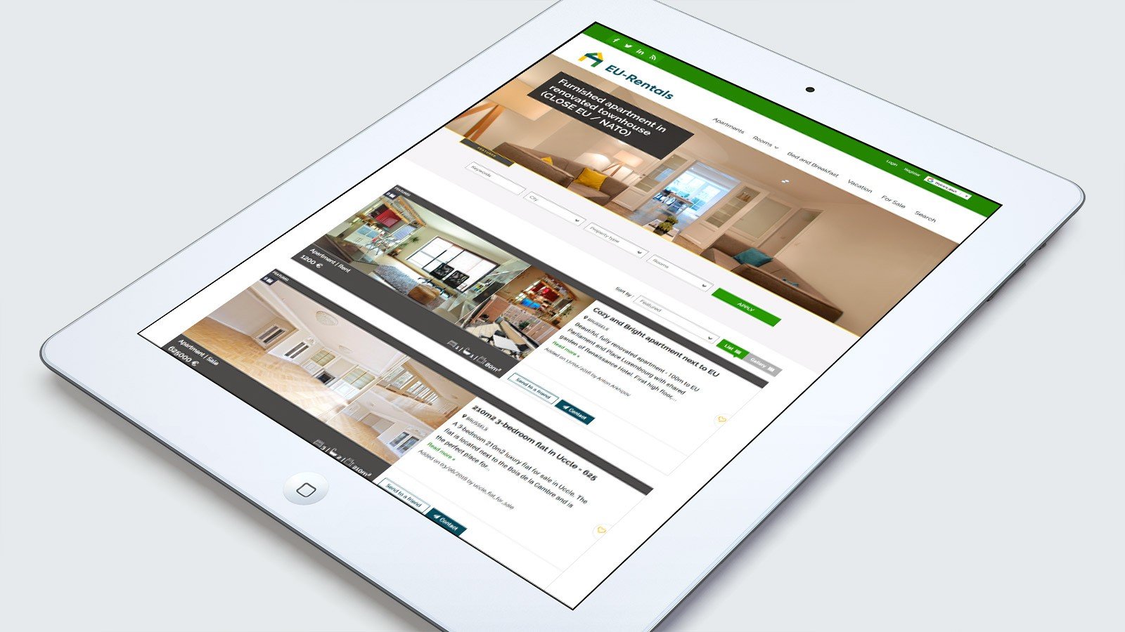 Screenshot of the EU-Rentals homepage on a tablet