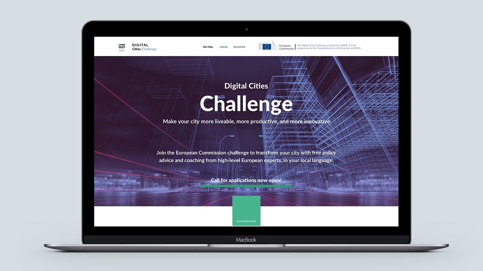 Screenshot of the Digital Cities Challenge homepage on a mobile phone