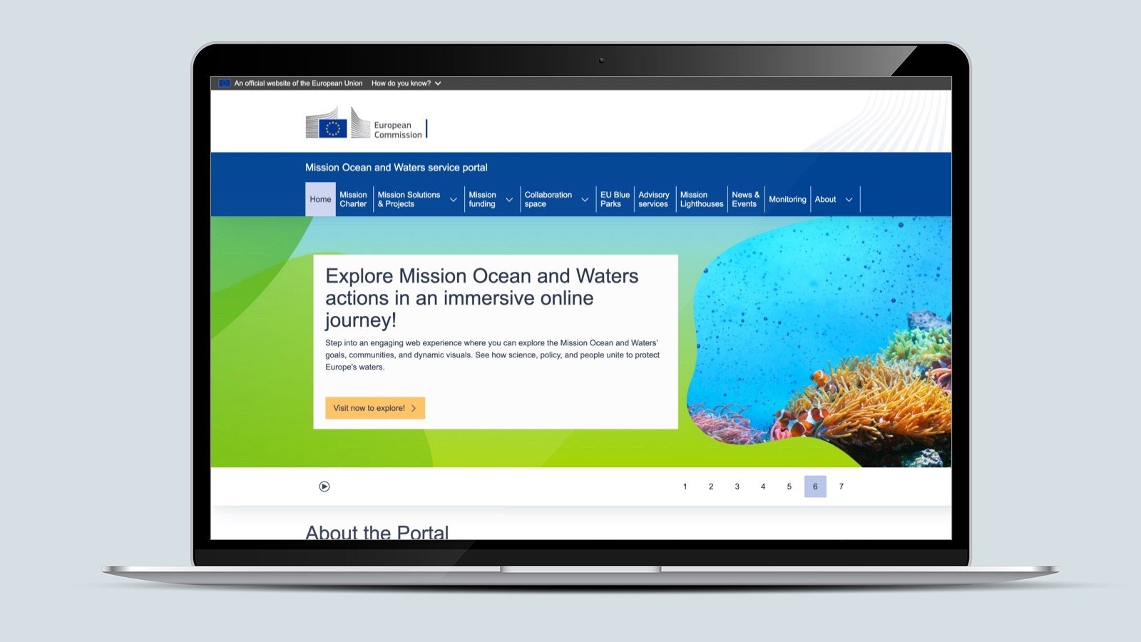 Screenshot of the Mission Ocean and Waters homepage on a laptop