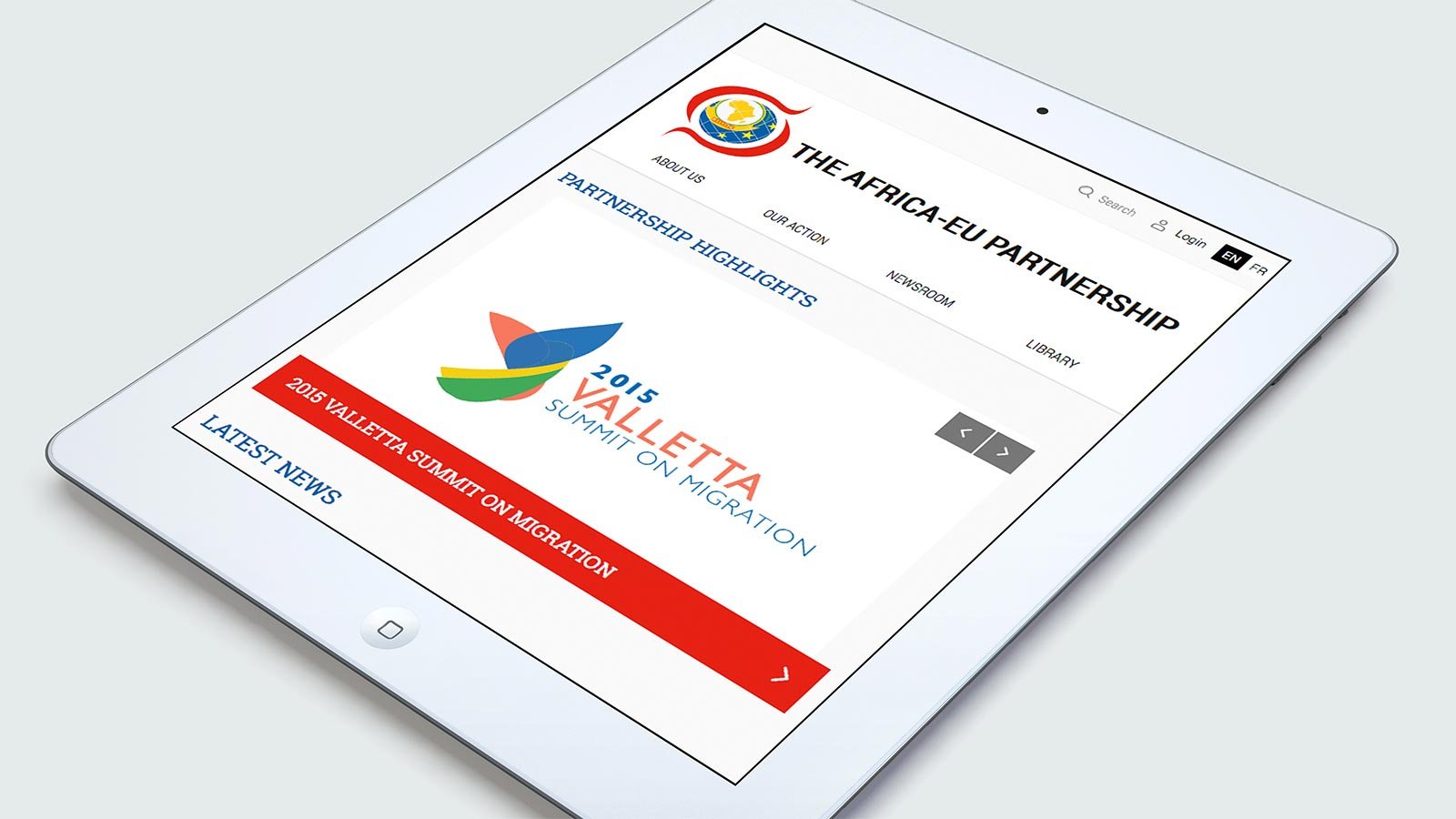 Screenshot of the The Africa-EU Partnership homepage on a tablet