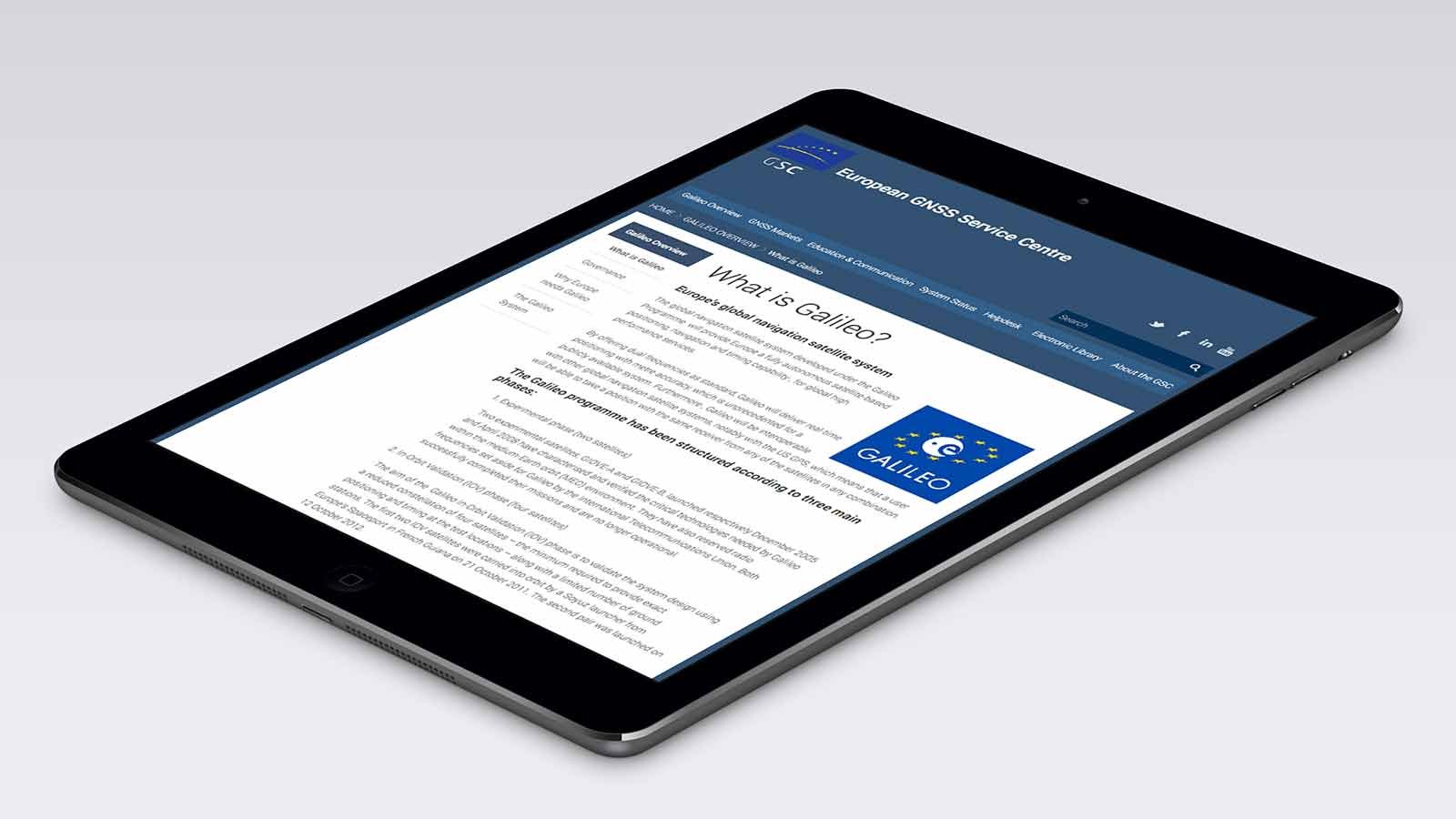 Screenshot of the European GNSS Service Center homepage on a tablet
