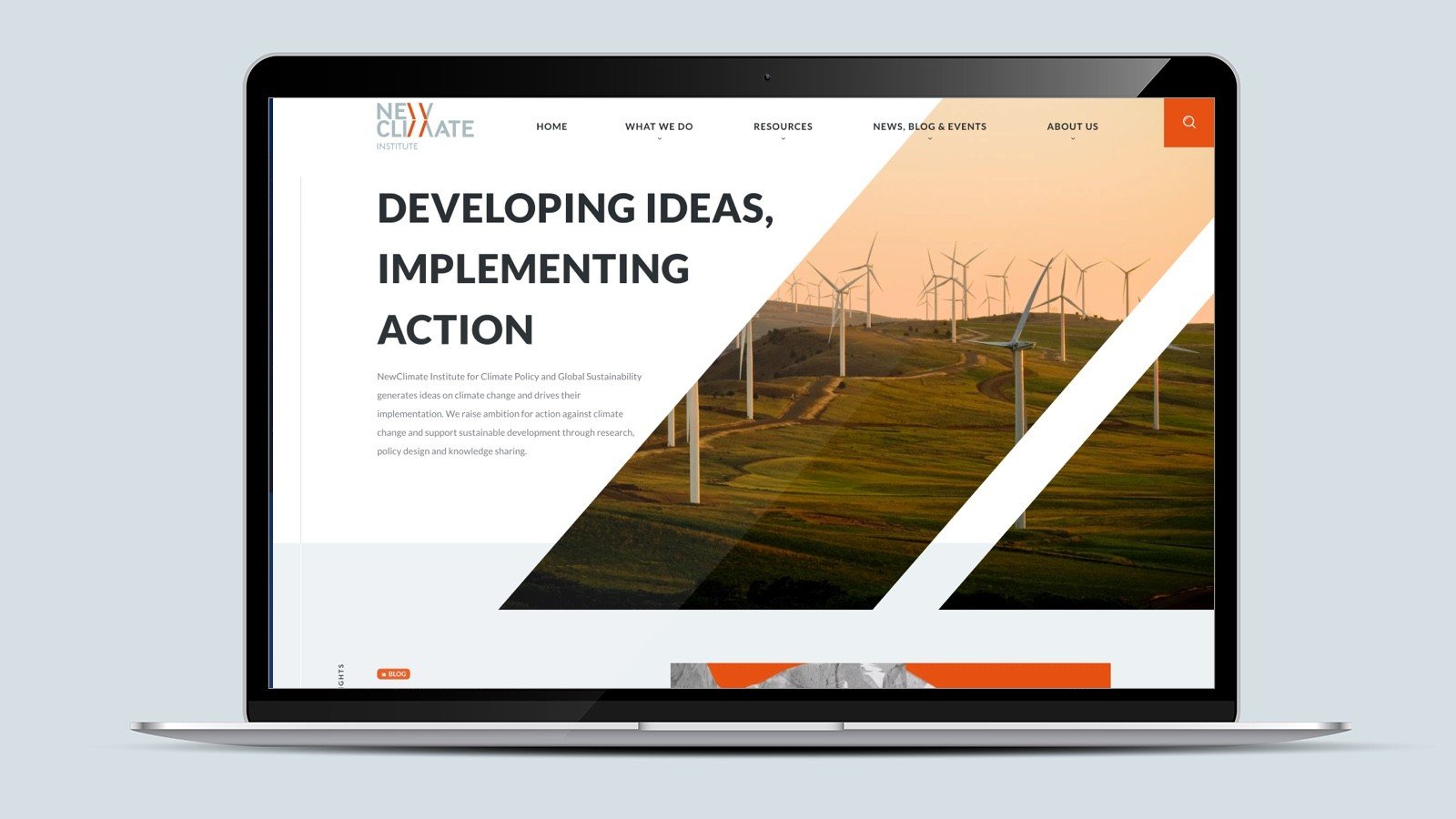 Screenshot of the NewClimate Institute homepage on a laptop