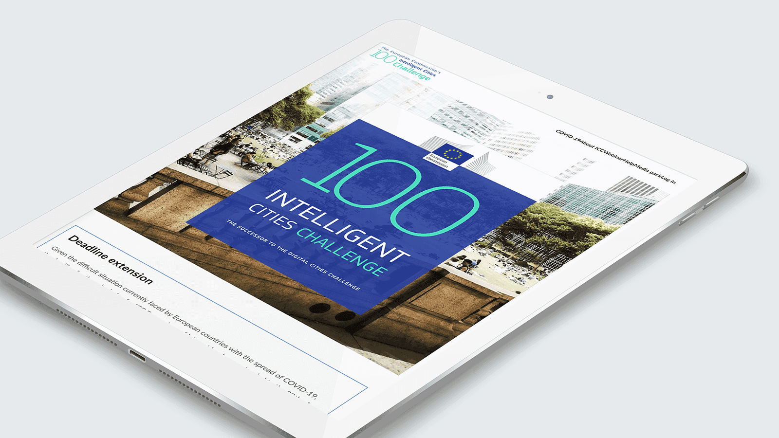 Screenshot of the Intelligent Cities Challenge homepage on a tablet