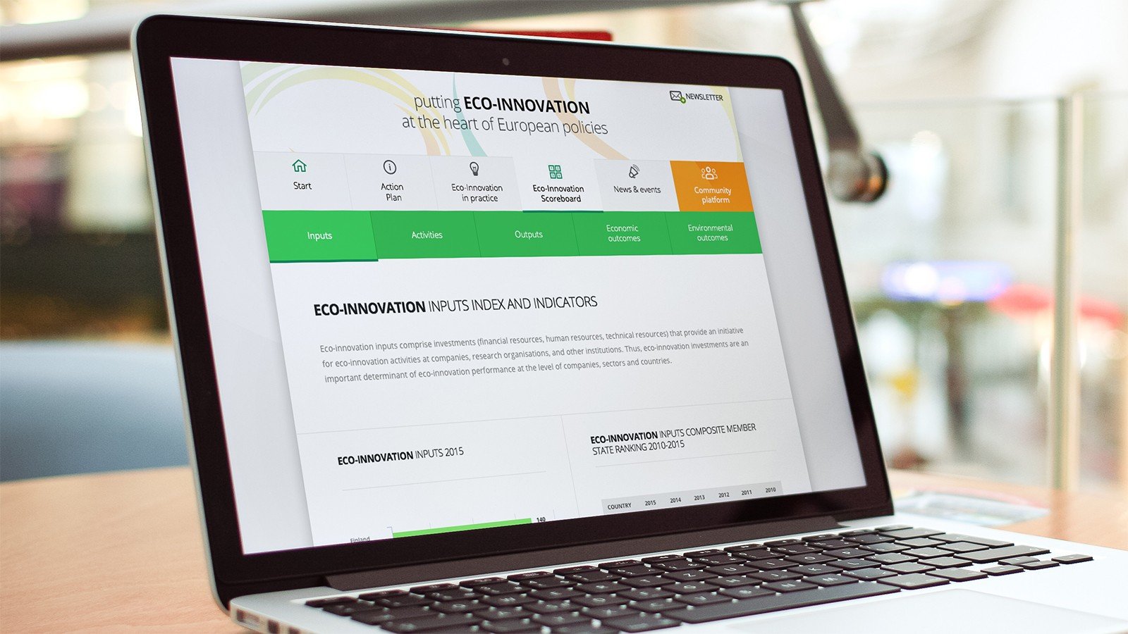 Screenshot of the Eco-Innovation Observatory homepage on a laptop