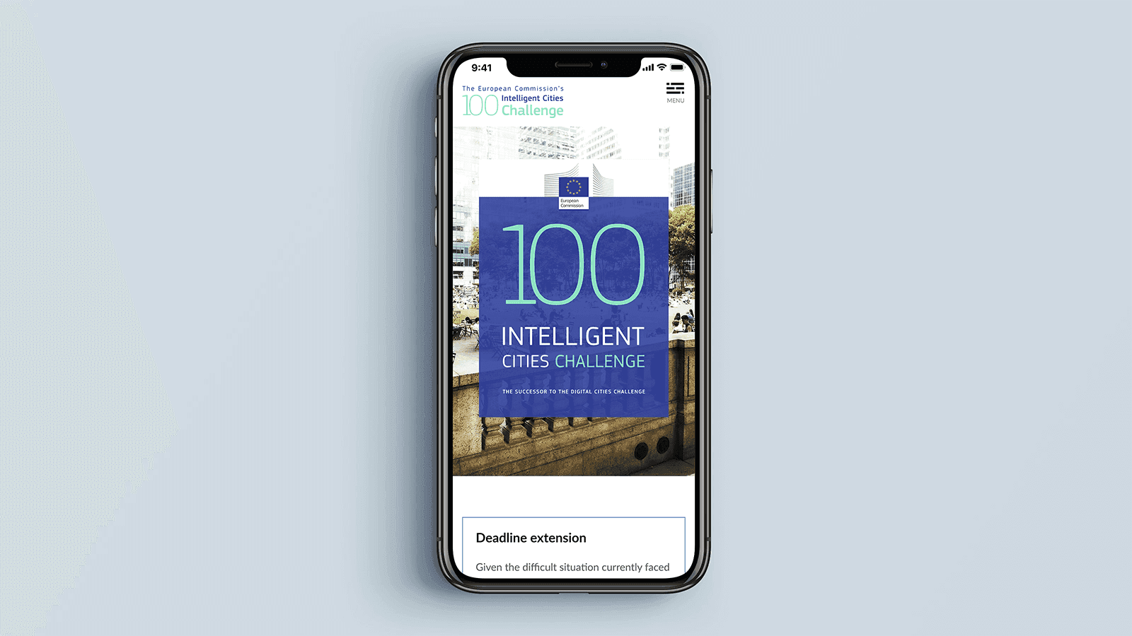 Screenshot of the Intelligent Cities Challenge homepage on a mobile phone