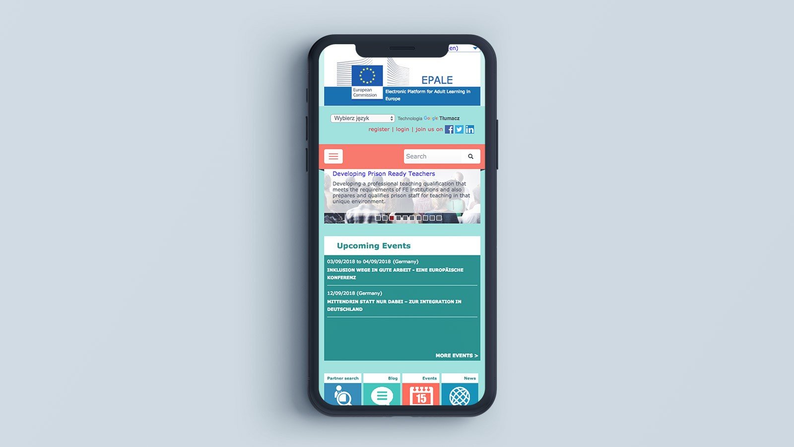 Screenshot of the EPALE homepage on a laptop