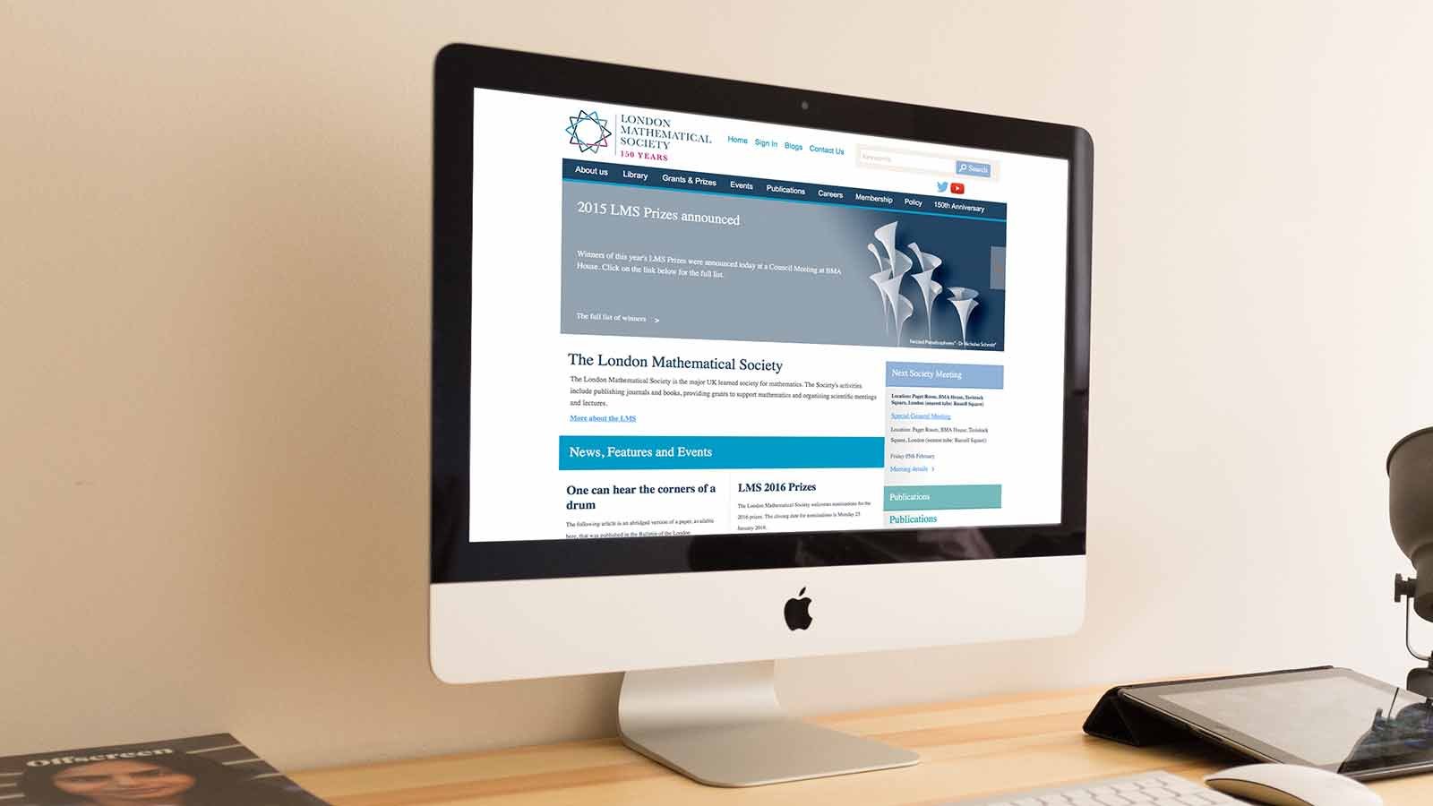 Screenshot of the London Mathematical Society homepage on a laptop