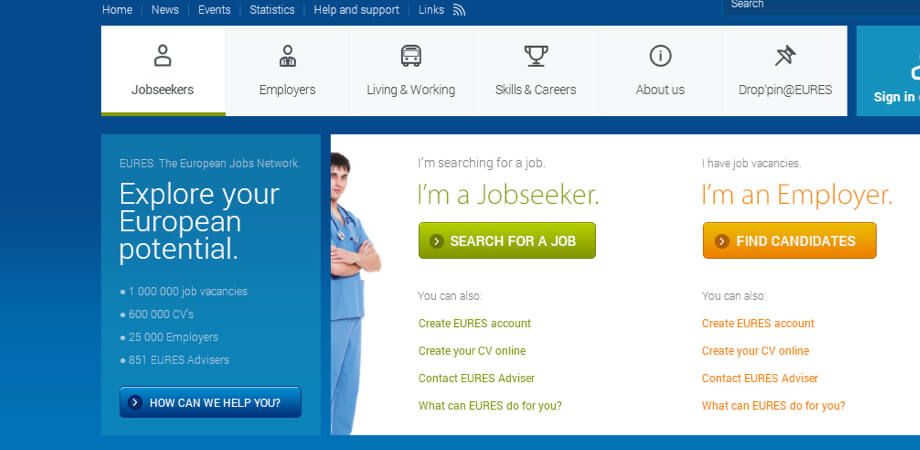 Screenshot of the EURES homepage