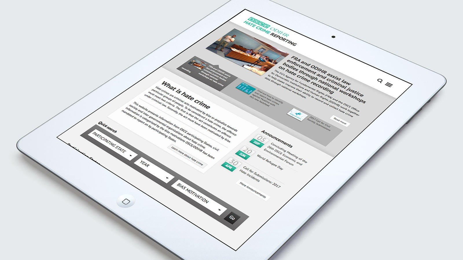 Screenshot of the Hate Crime Reporting Website homepage on a tablet