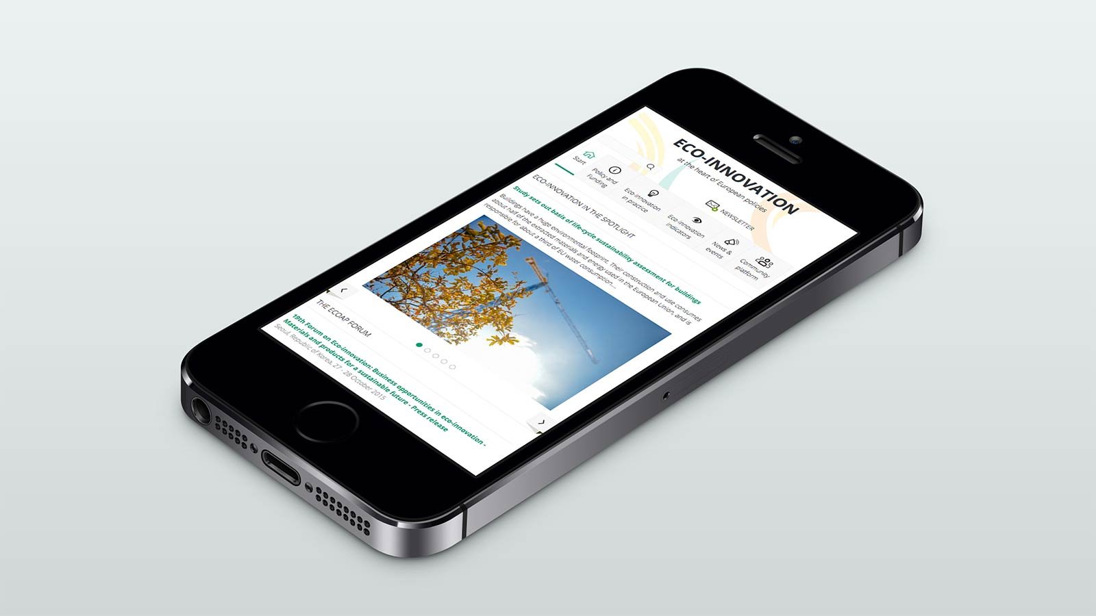 Screenshot of the Eco-Innovation Action Plan homepage on a mobile phone
