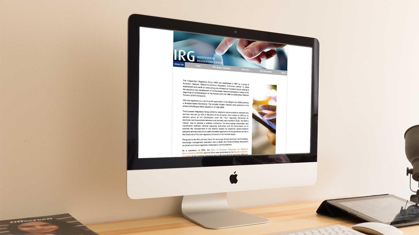 Screenshot of the IRG homepage on a tablet