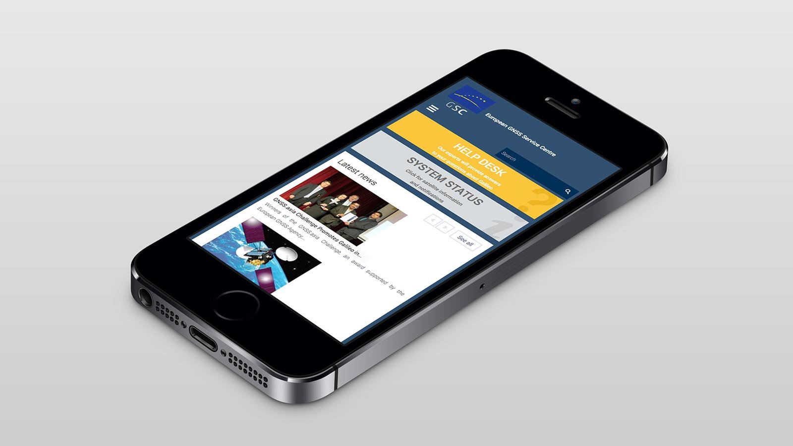 Screenshot of the European GNSS Service Center homepage on a mobile phone
