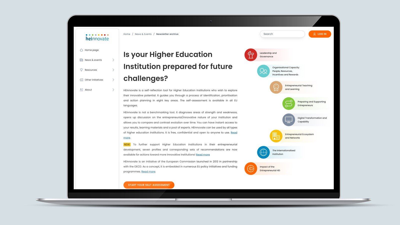 Screenshot of the HEInnovate homepage on a laptop