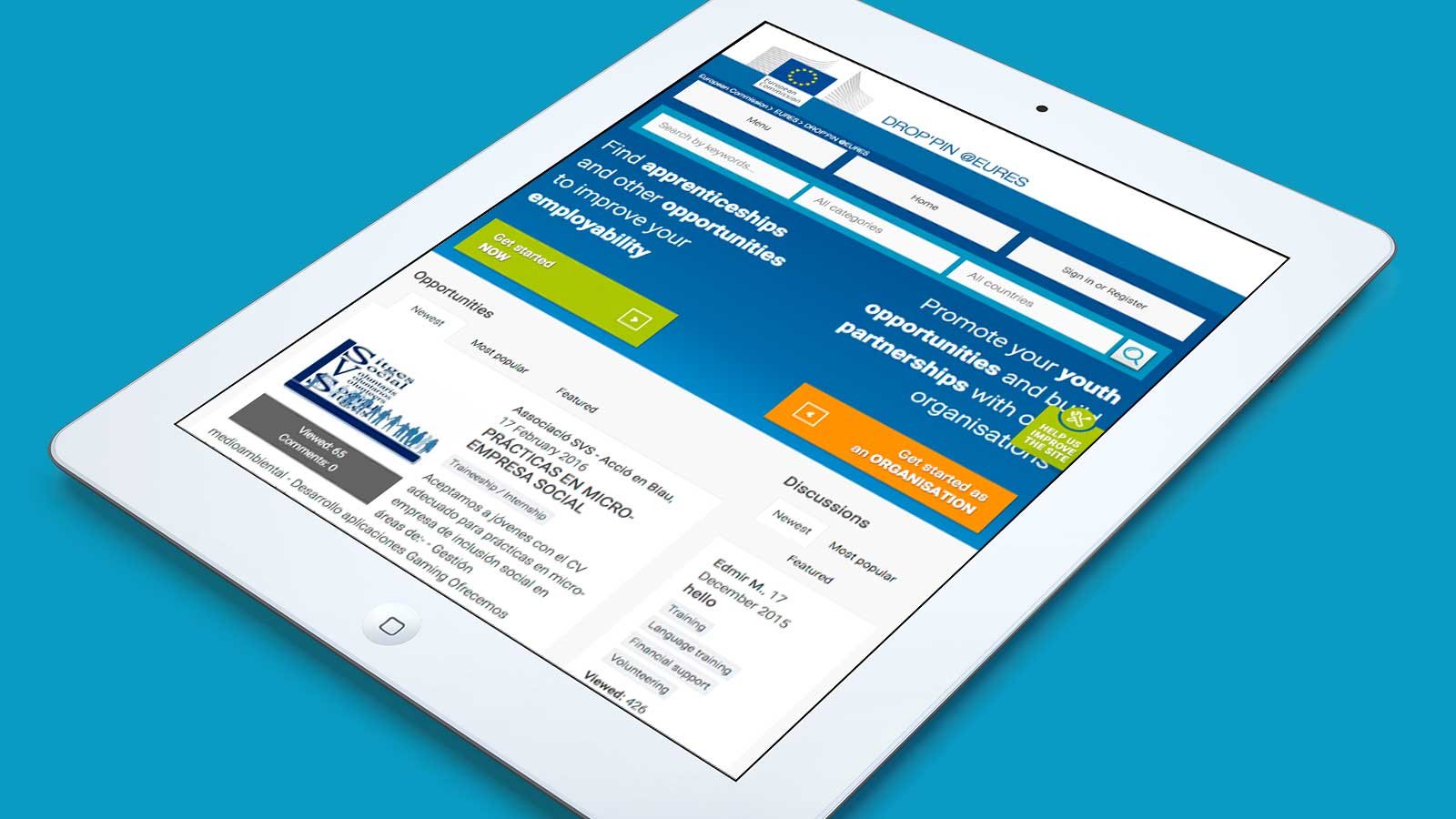 Screenshot of the Drop'pin @EURES homepage on a tablet