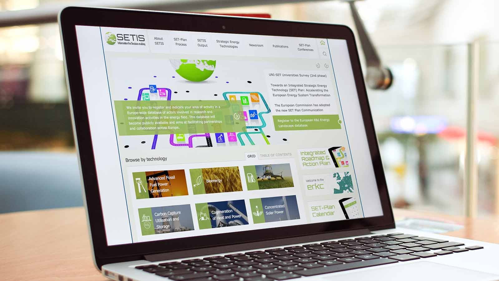 Screenshot of the SETIS homepage on a tablet