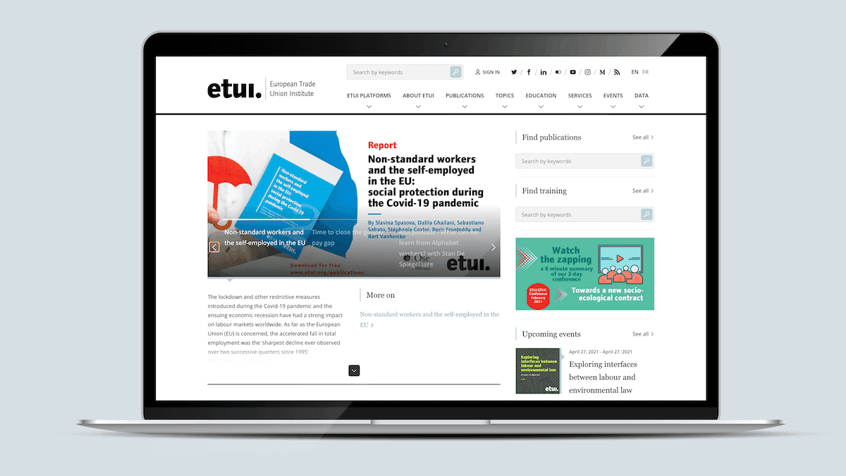 Screenshot of the ETUI homepage on a laptop