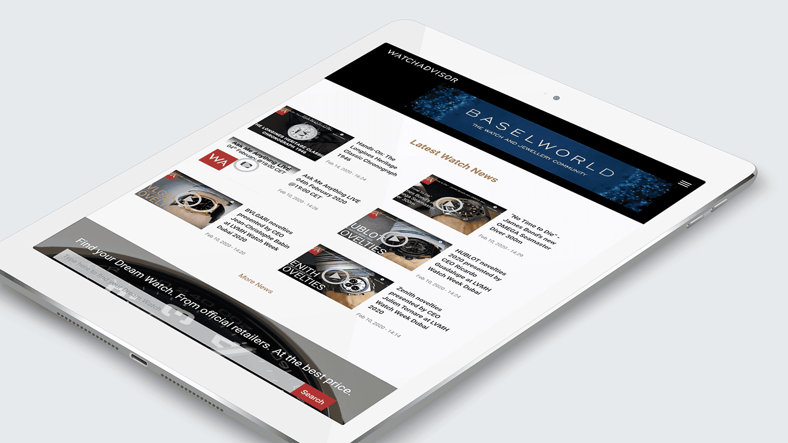 Screenshot of the Watchadvisor homepage on a tablet