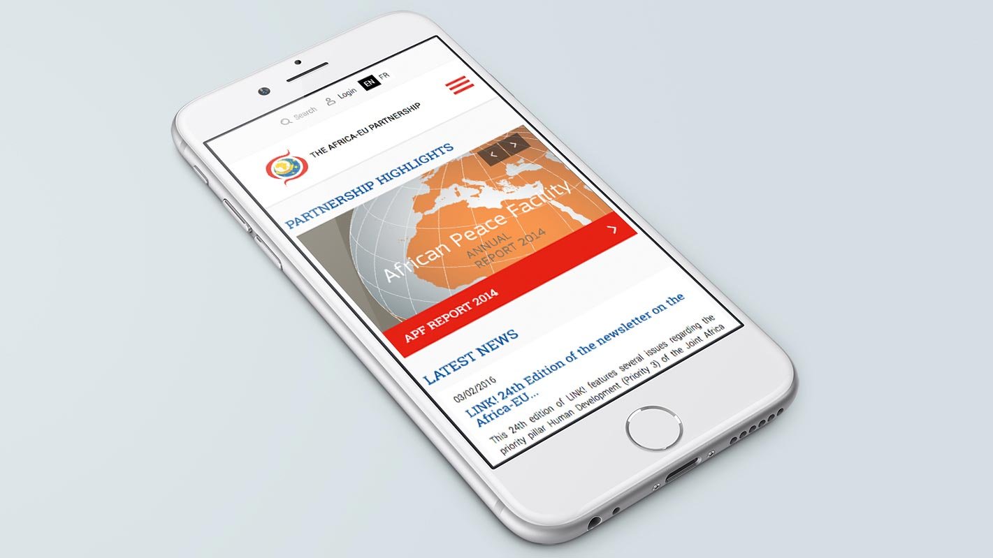 Screenshot of the The Africa-EU Partnership homepage on a mobile phone