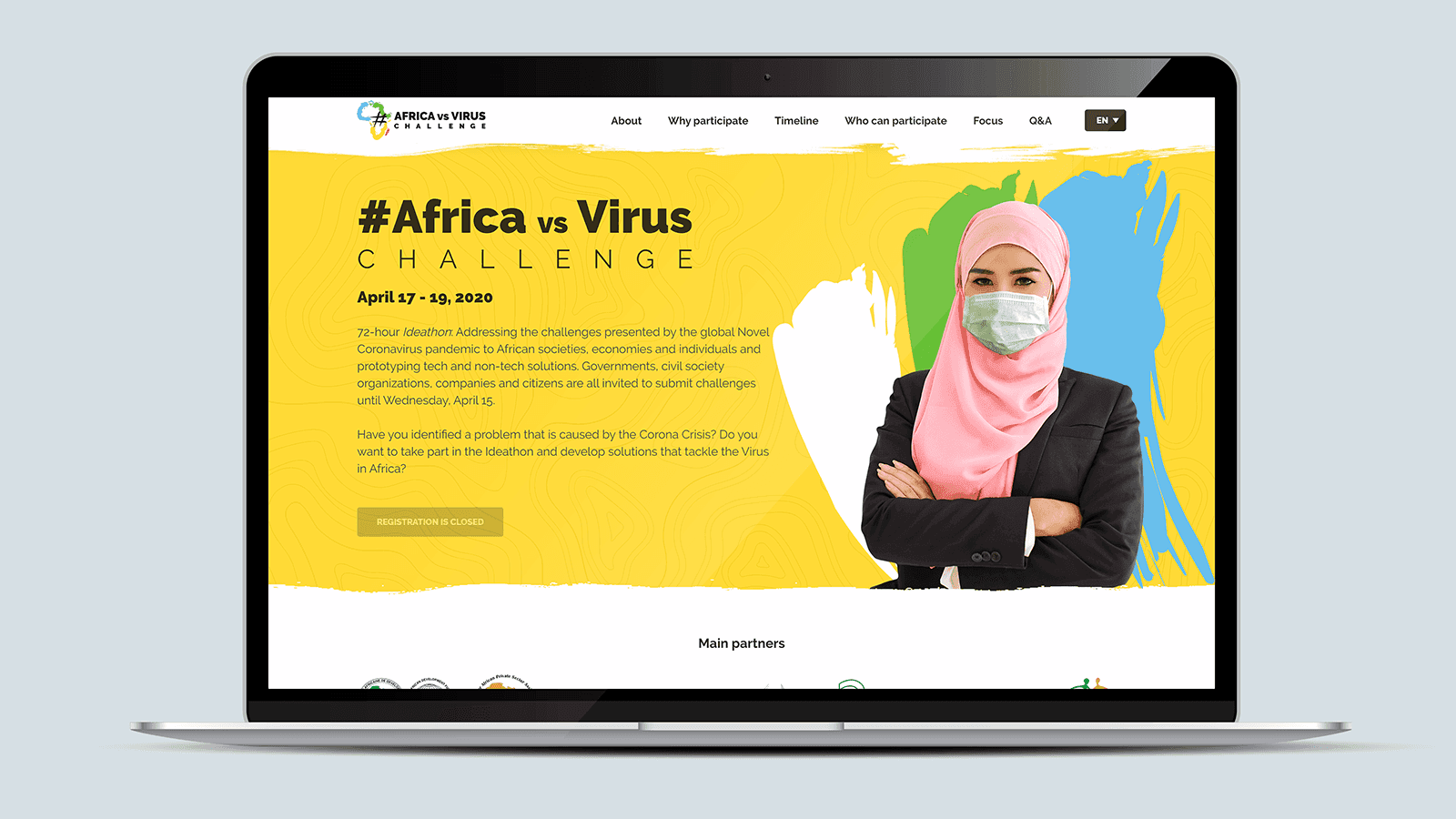 Screenshot of the AfricaVsVirus Challenge homepage on a laptop