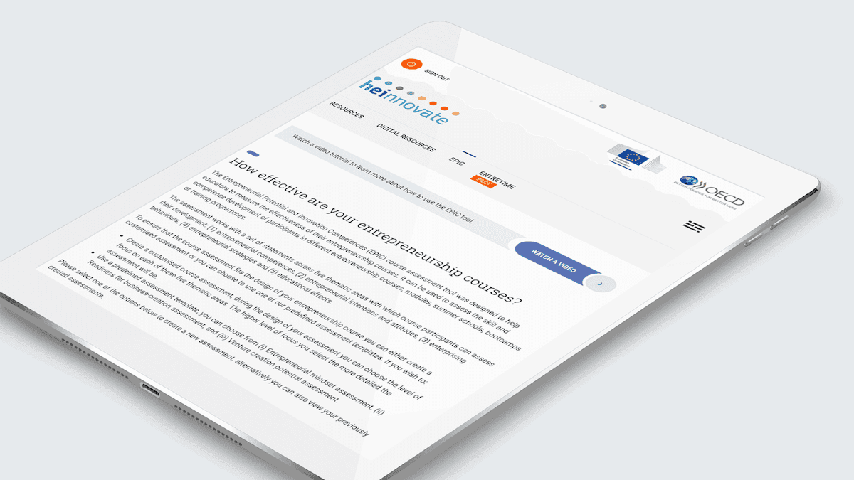 Screenshot of the Entrepreneurial Potential and Innovation Competences homepage on a tablet