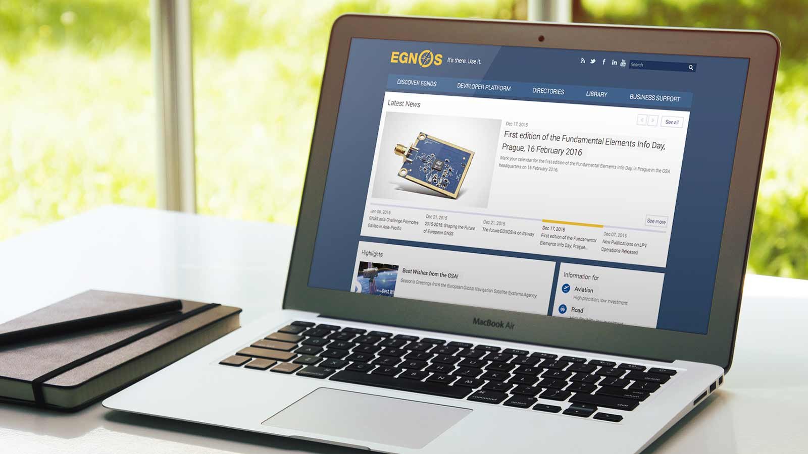 Screenshot of the EGNOS Portal homepage on a laptop