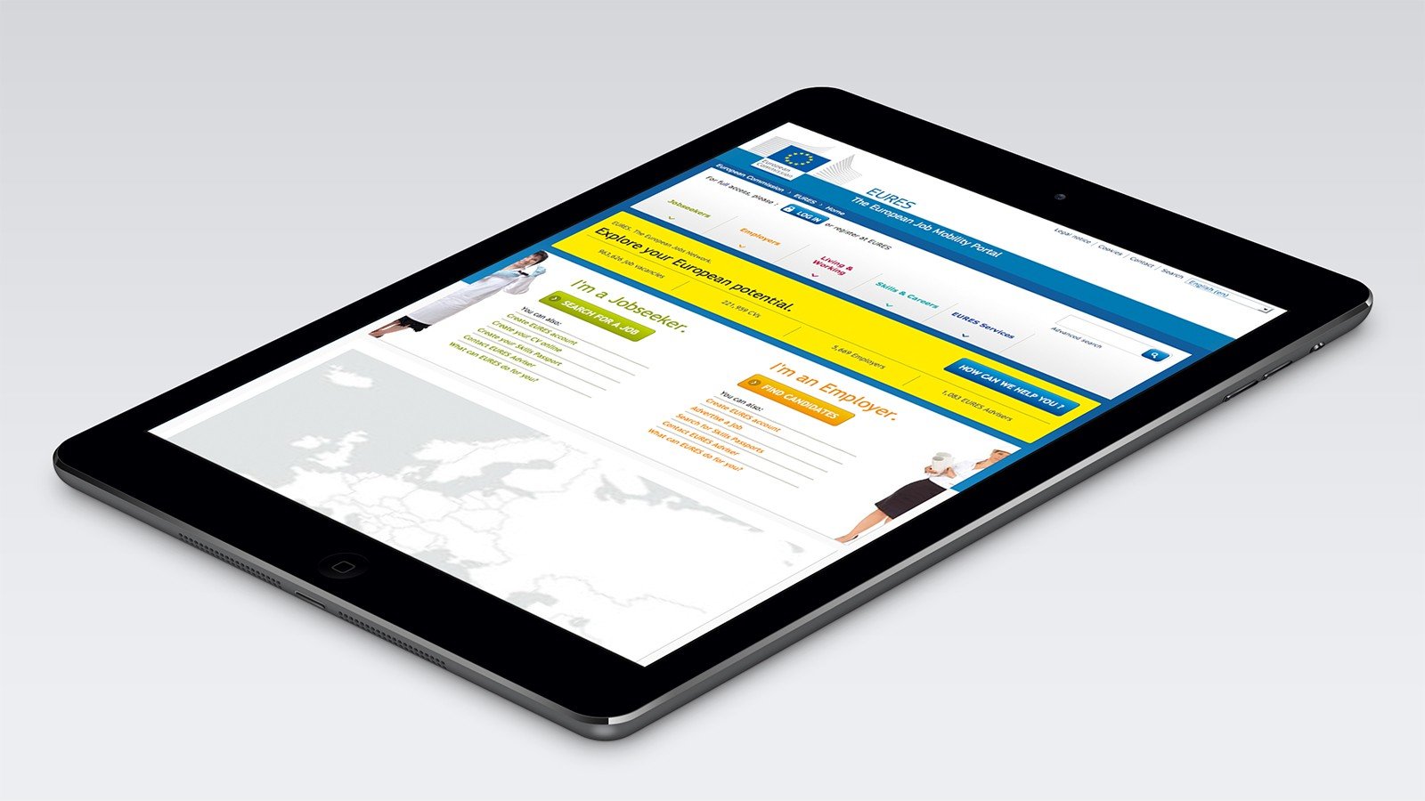 Screenshot of the EURES homepage on a tablet