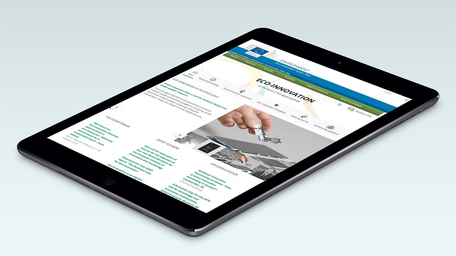 Screenshot of the Eco-Innovation Action Plan homepage on a tablet