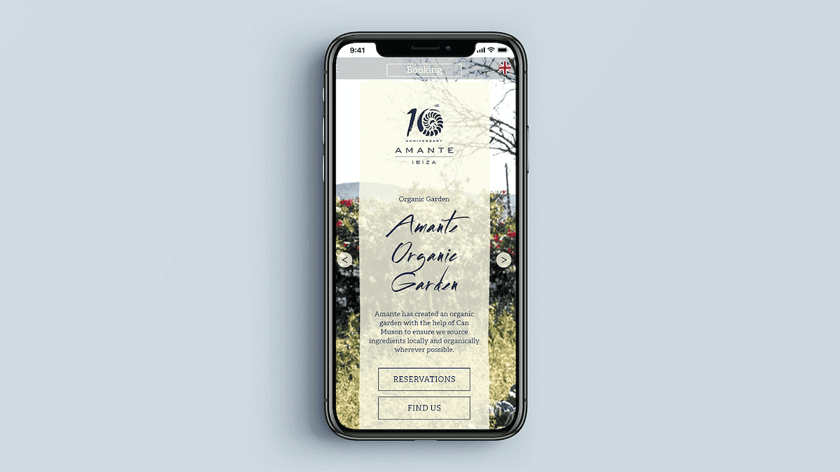 Screenshot of the Amante homepage on a mobile phone
