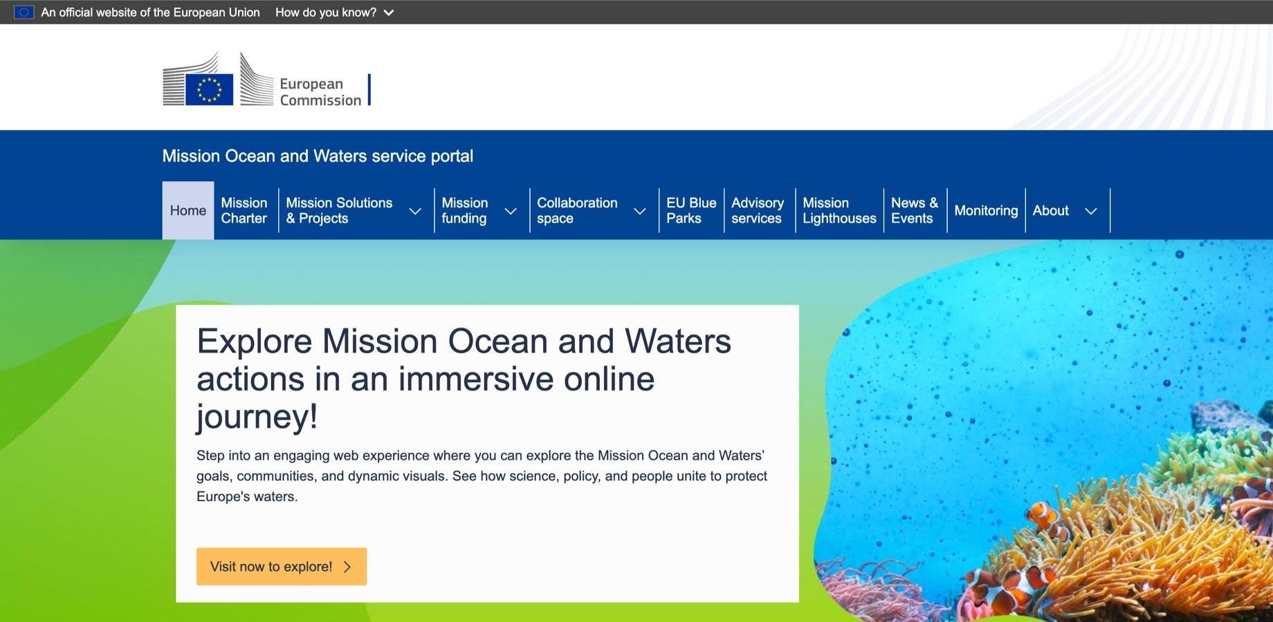 Screenshot of the Mission Ocean and Waters homepage