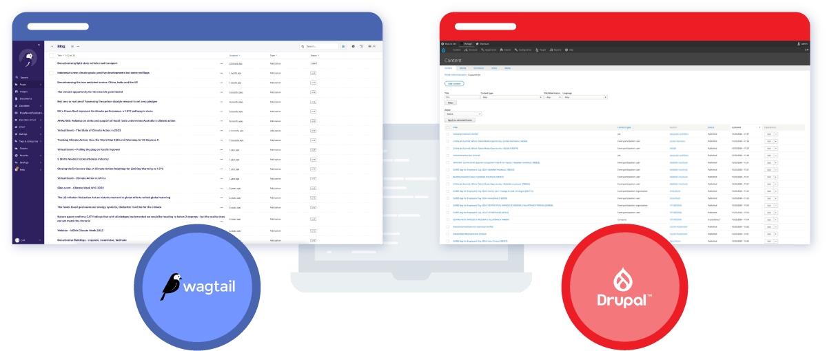 Drupal vs Wagtail interfaces